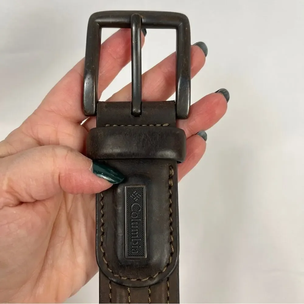 COLUMBIA Brown Men's Leather Belt Topstitch Bronze-Tone Buckle Size 34 Preppy